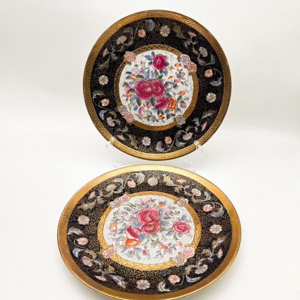 Vintage‎ Rose Decorative Plates Set 2 Gold Rimmed Multicolor Handpainted K28